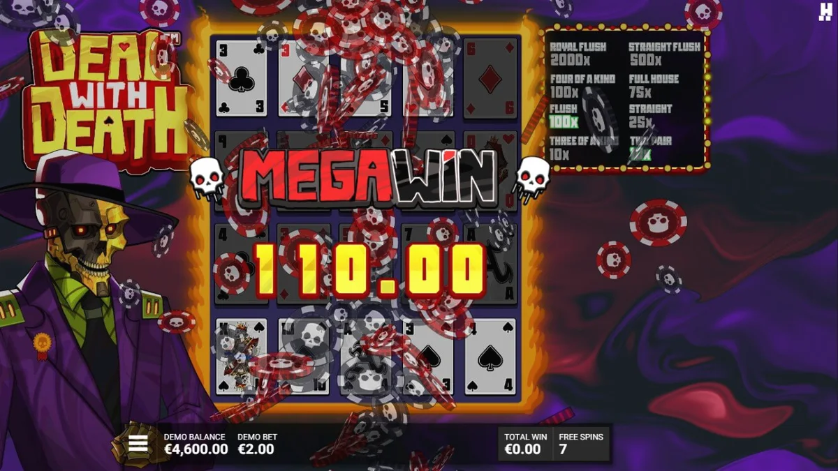 Isang futuristic na disenyo ng slot machine na may temang kamatayan at baraha.