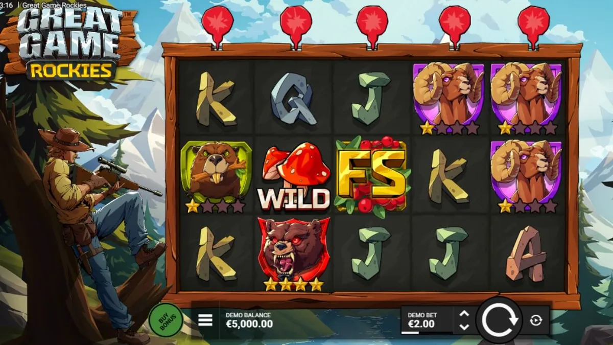 Great Game Rockies slot machine interface na may tema ng Rocky Mountains