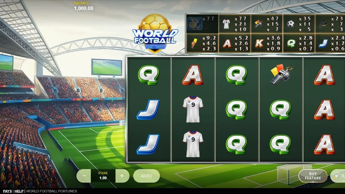 World Football Fortunes slot machine interface na may football theme at stadium background