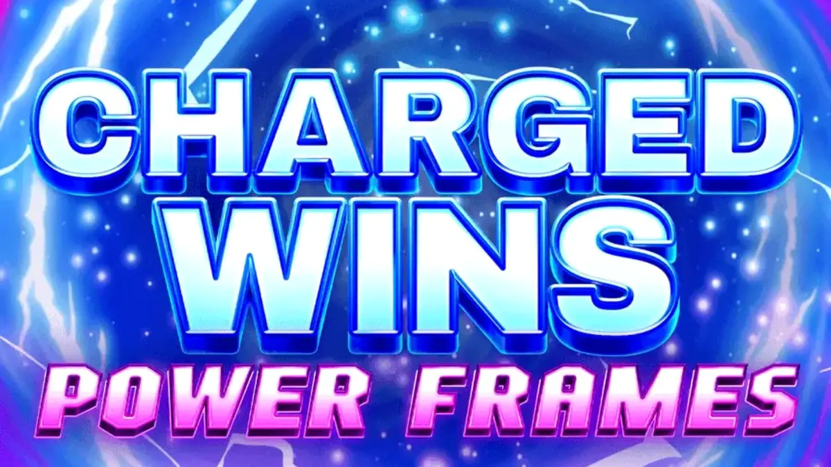 Isang neon-themed na slot machine interface na may makinang na Power Frame feature.