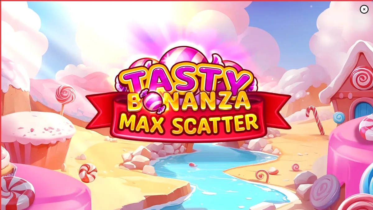 Makulay na grid ng Tasty Bonanza Max Scatter na puno ng mga kendi at matatamis na simbolo.